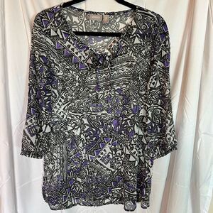 CHICO’S Women’s Sheer Blouse Size Small Black Purple Geometric Tie Neck Boho Top